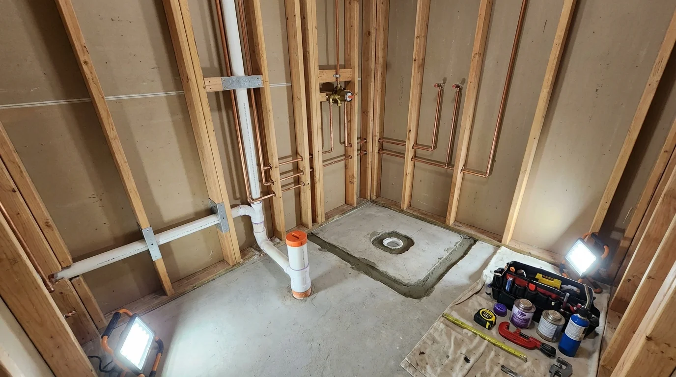 Bathroom rough-in plumbing during remodel by Johns Plumbing LLC in Chadwicks