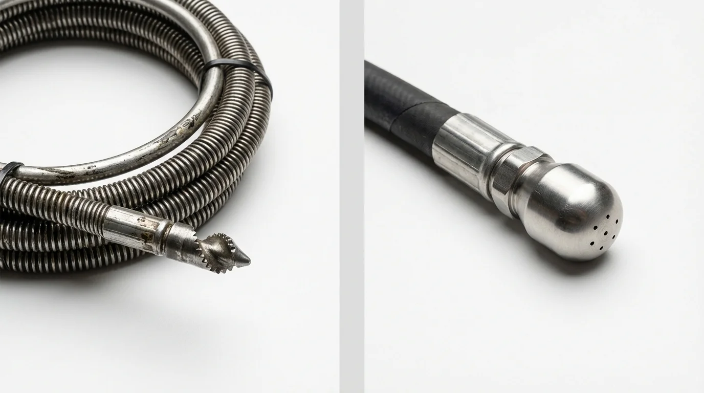 Drain snake cable and hydro jetting nozzle used for drain cleaning in Chadwicks, NY