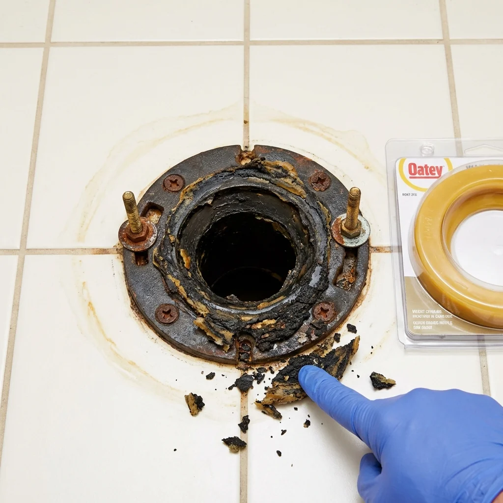 Failed wax ring showing water seepage at the base of a toilet in a Chadwicks, NY home